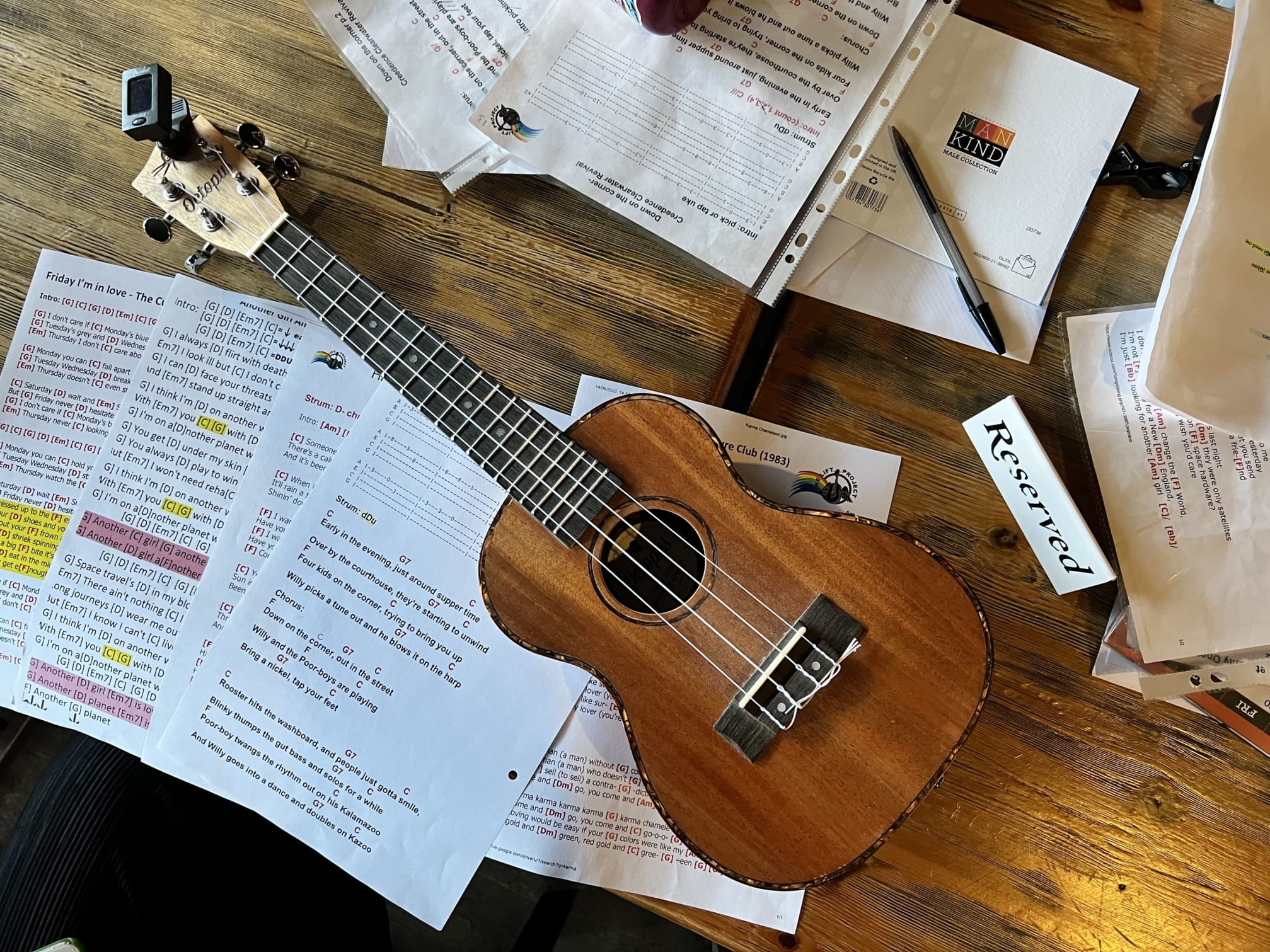 Picture of ukulele guitar and music sheets on table