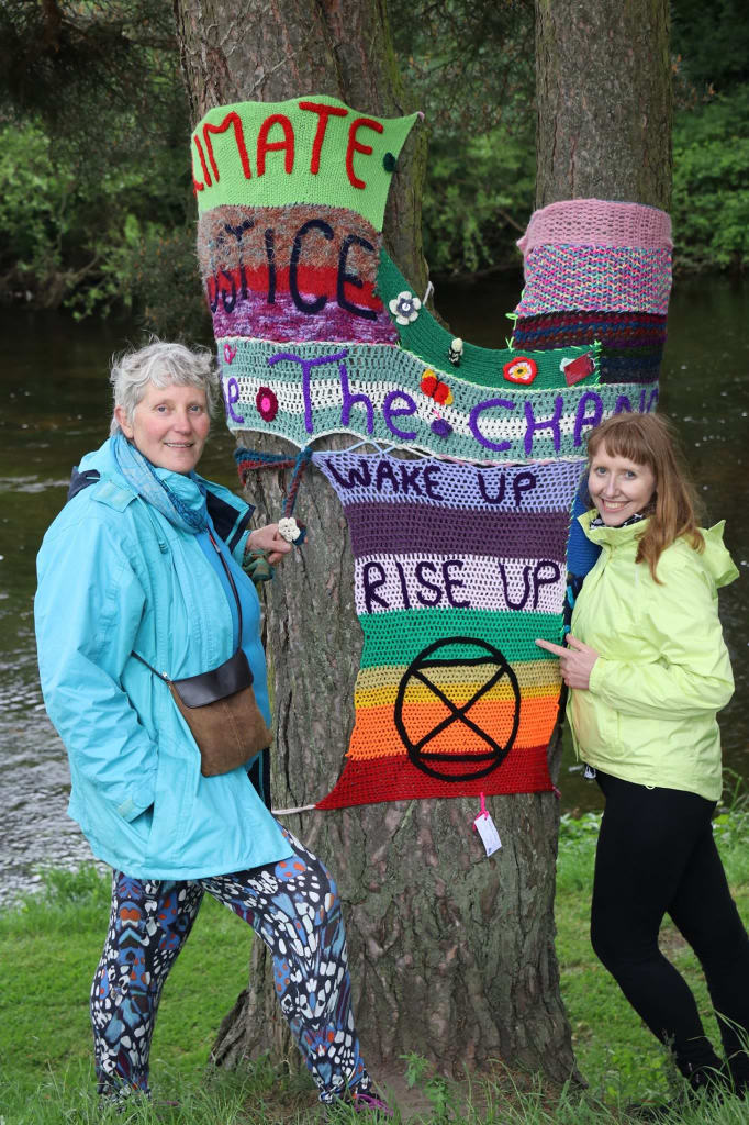 Two ladies by a tree decorated in yarn with activist messages
